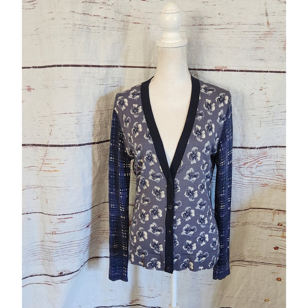 Tory Burch Wool Cardigan Floral Plaid Mixed Media Navy Blue XL